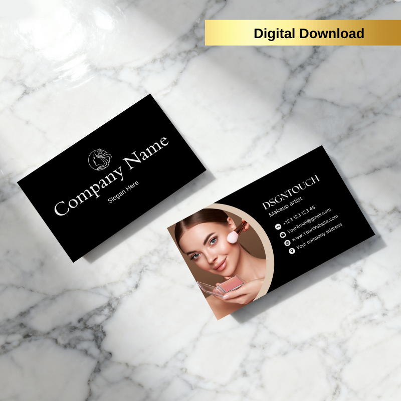 Makeup Artist Business Cards featuring editable black, white, and pink design - Digital Download by dsgntouch.