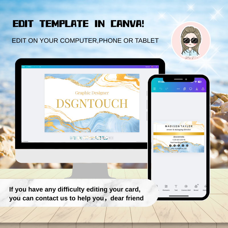 Free Business Card Maker template displayed on computer and phone screens with watercolor design by Dsgntouch.