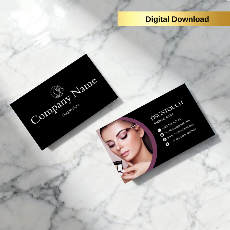 Makeup Artist Business Cards - Editable Canva template featuring black, white, and pink design for beauty professionals.