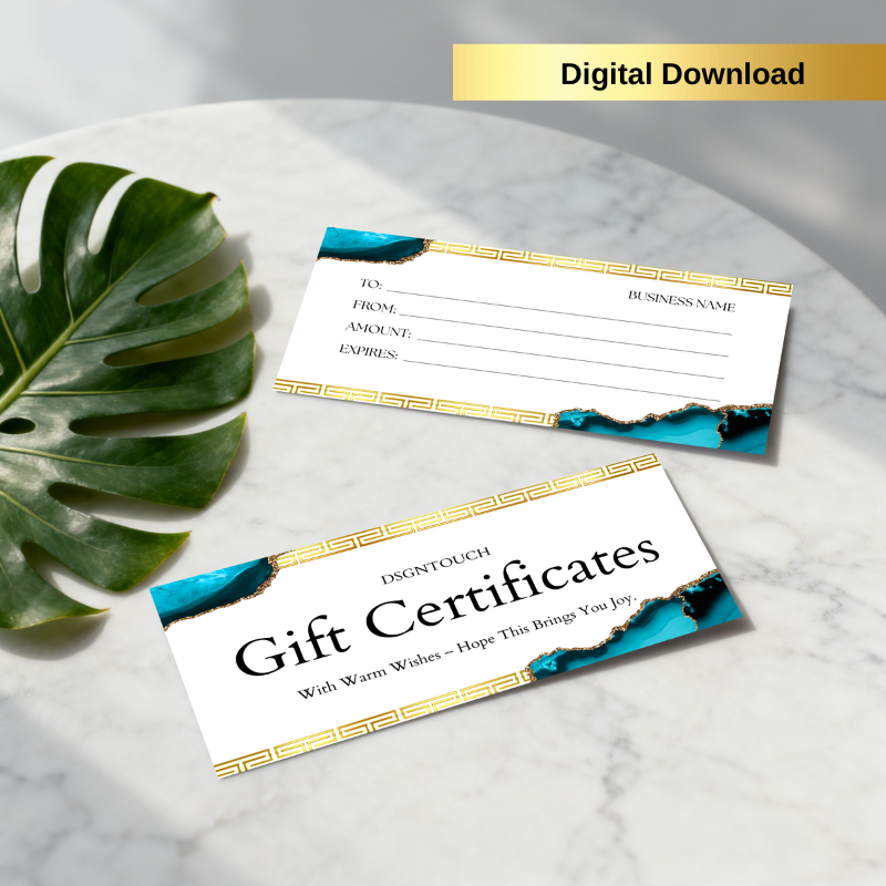 Watercolor Gift Ideas customizable digital gift card template featuring elegant design and blue gold accents.