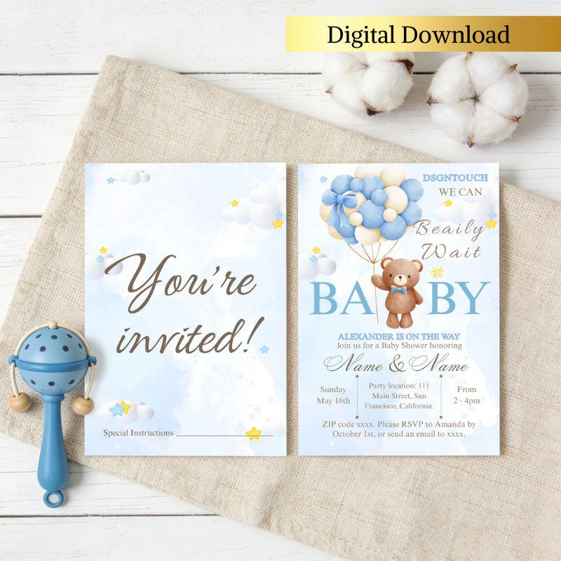 Baby Shower Invitations Ideas: Editable digital download featuring soft blue design and teddy bear theme.