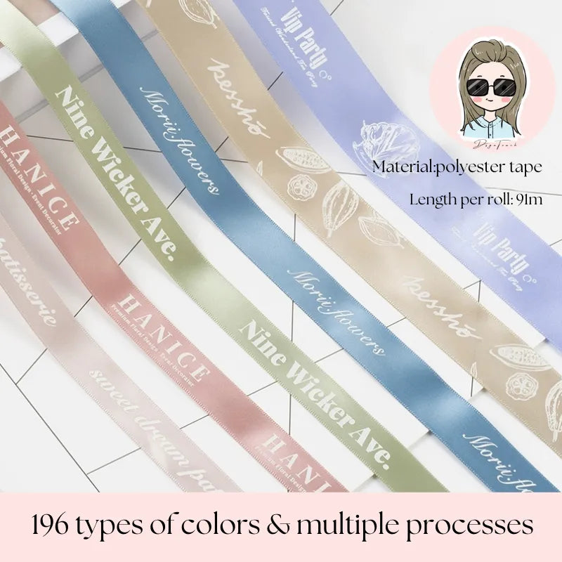 196-color custom polyester ribbon rolls (91m per roll): features brand designs (e.g., "Nine Wicker Ave," "Mori Flowers," "VIP Party") with multiple printing processes for business branding.