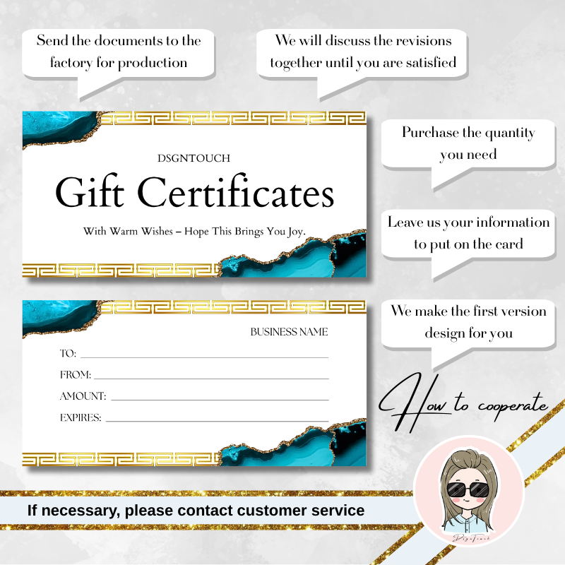 Watercolor Gift Cards featuring gold accents and customizable designs for memorable gifting from DSGNTOUCH.