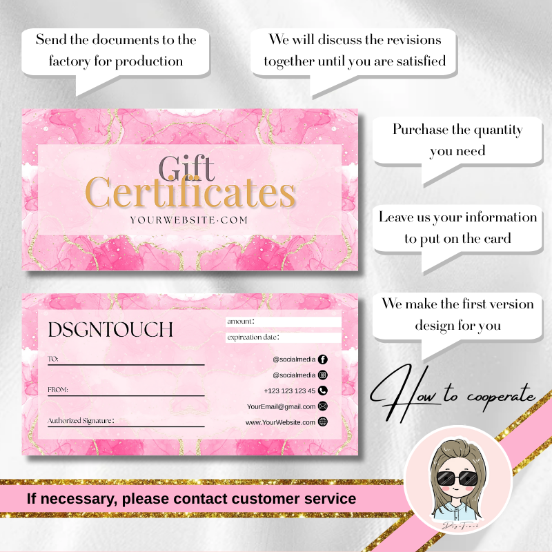 Printable gift certificate template design featuring pink marble pattern and customizable details.