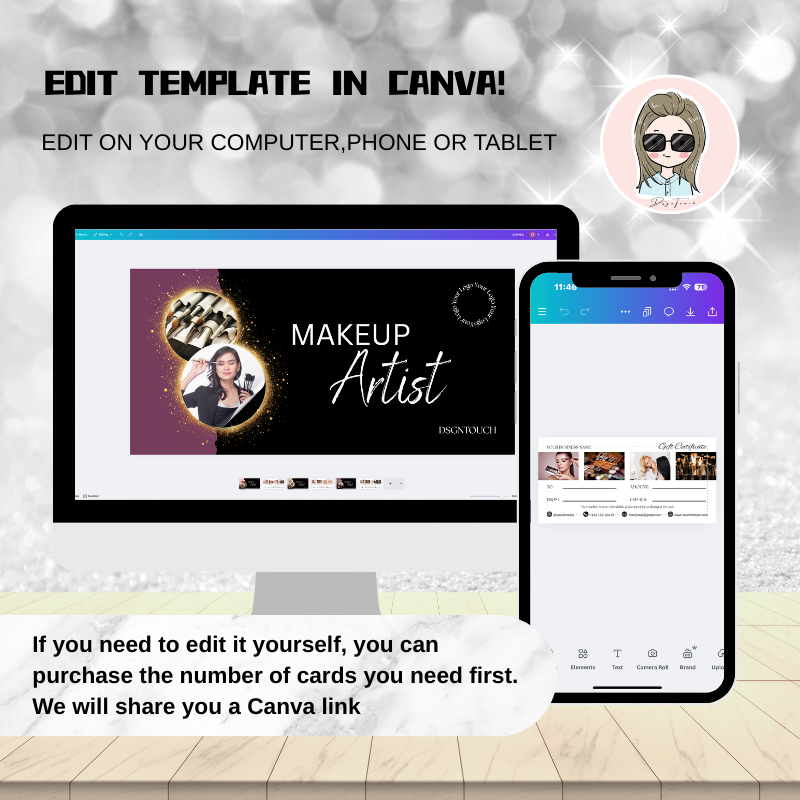 Gift Card for Salon editable template in Canva shown on computer and phone screens.
