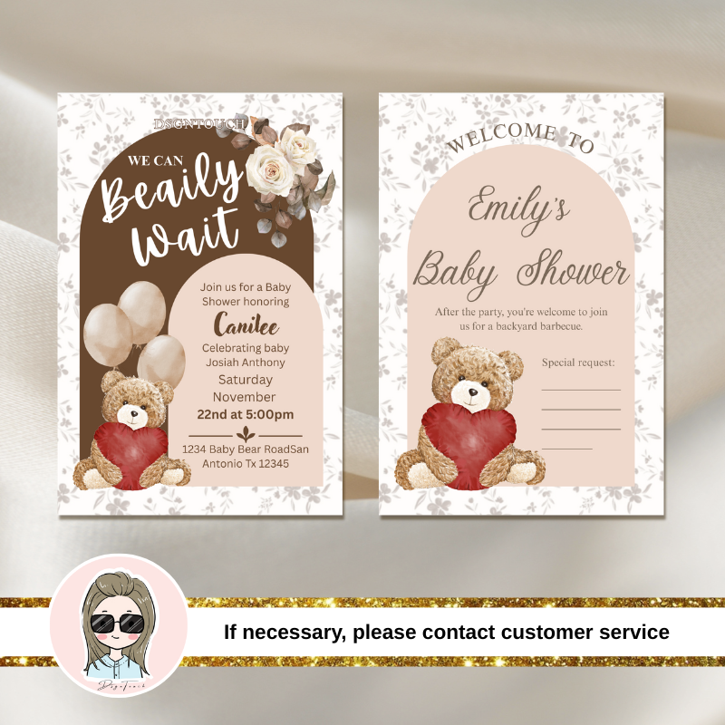 Gender Neutral Baby Shower Invitations featuring teddy bear and flowers, premium printed 15x10cm, dsgntouch.