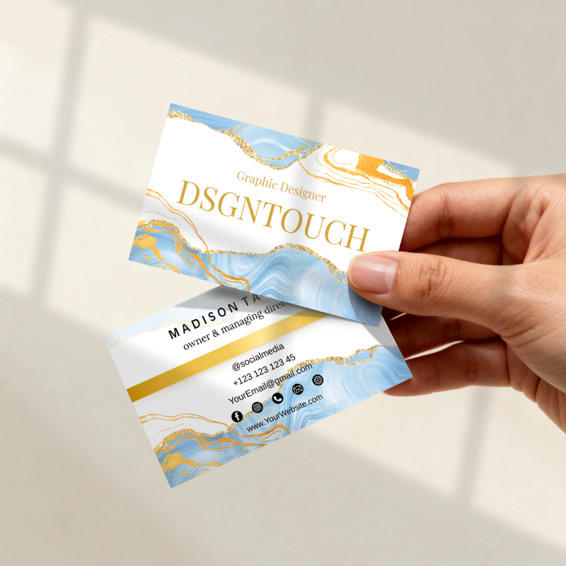 Watercolor business card design showcasing cyan gold agate and blue gold agate accents from Dsgntouch.