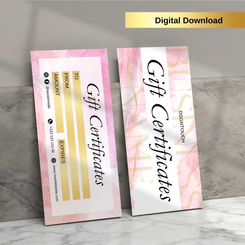 Elegant pink gift certificate template showcasing customizable sections for gifting.