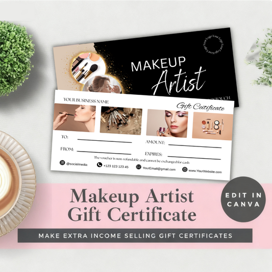 Gift certificate ideas for makeup artists featuring a customizable Canva template with stylish design.