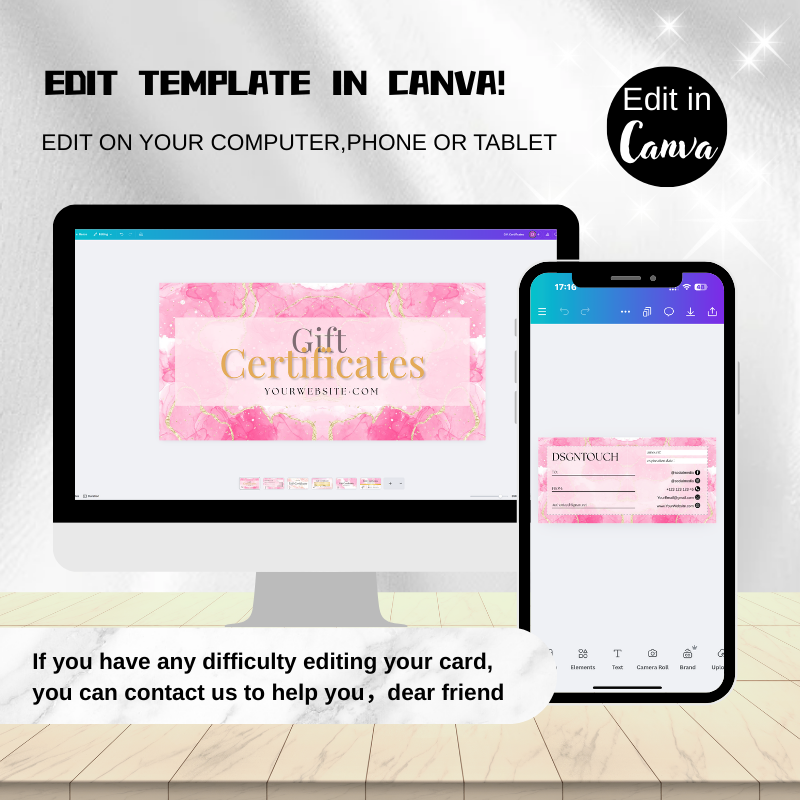 Editable pink gift certificate template shown on computer and phone in Canva for digital gifting.