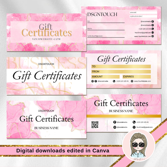 Pink gift certificate template featuring elegant design, editable in Canva, customizable for gifts and promotions.