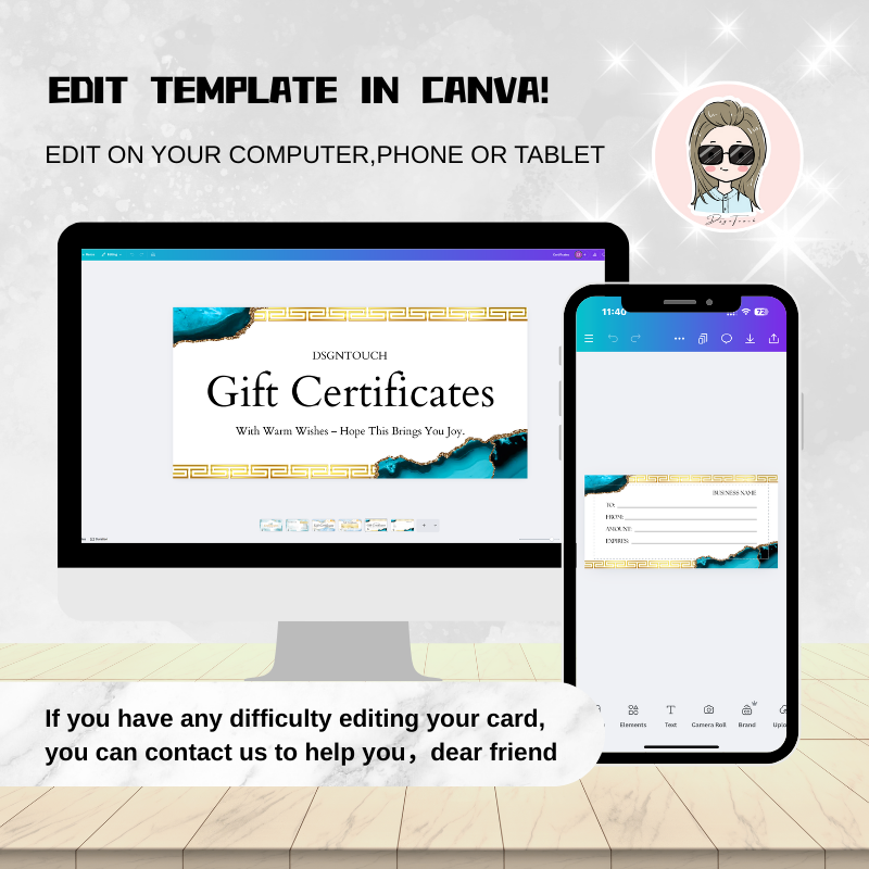 Watercolor Gift Ideas customizable digital gift card template shown on computer and phone screens in Canva.