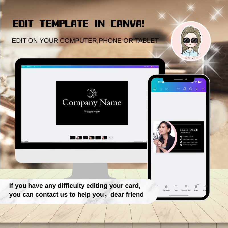 Editable Makeup Artist Business Cards template shown on computer and phone screens with Canva interface.