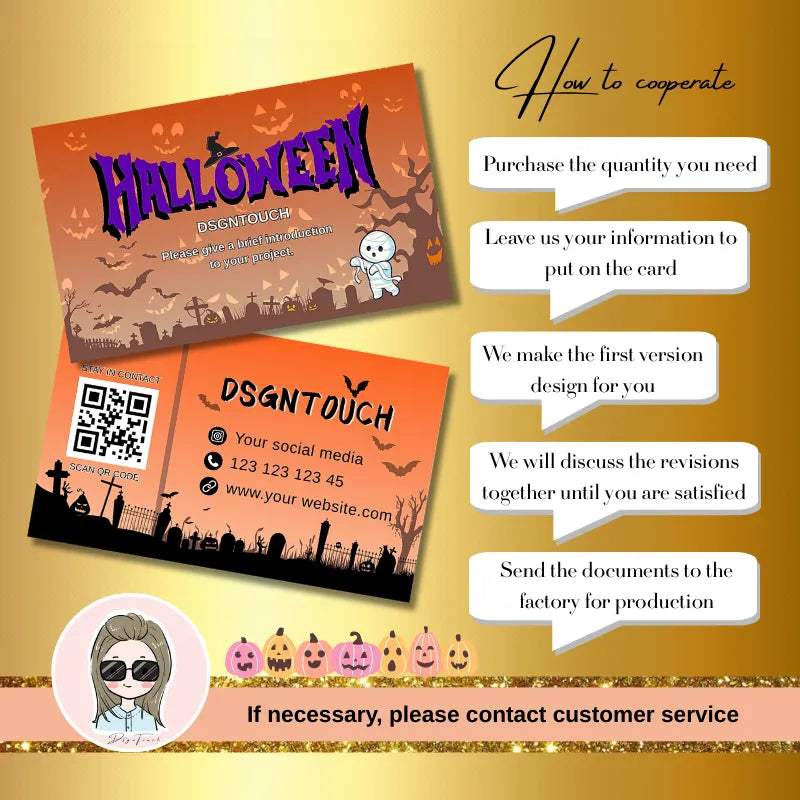 Spooky Halloween Business Cards for Salons Printed by DSGNTOUCH with orange and black designs, featuring contact information and QR code.