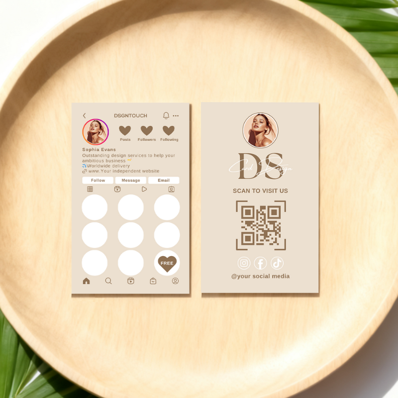 Custom punch cards featuring a sophisticated beige design and IG QR code for customer engagement.