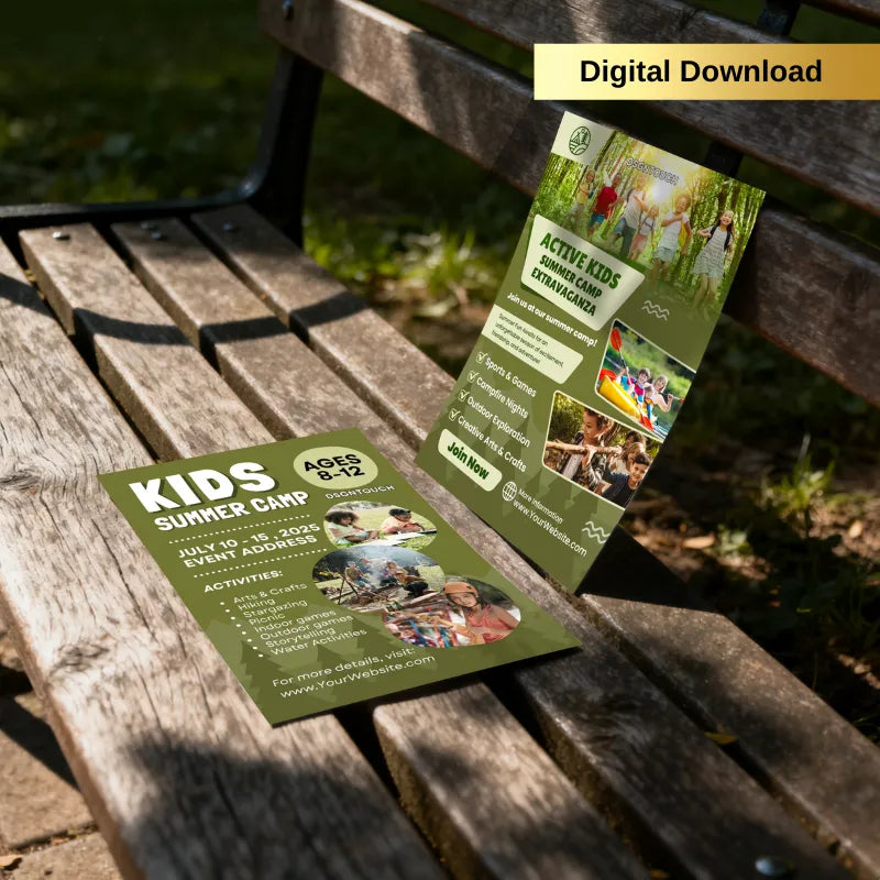 Editable outdoor flyer templates showcasing kids summer camp activities, part of the digital flyer templates collection.