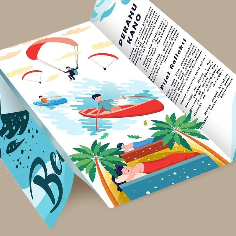 Colorful trifold brochure featuring water sports and beach activities, capturing a vibrant summer vibe.