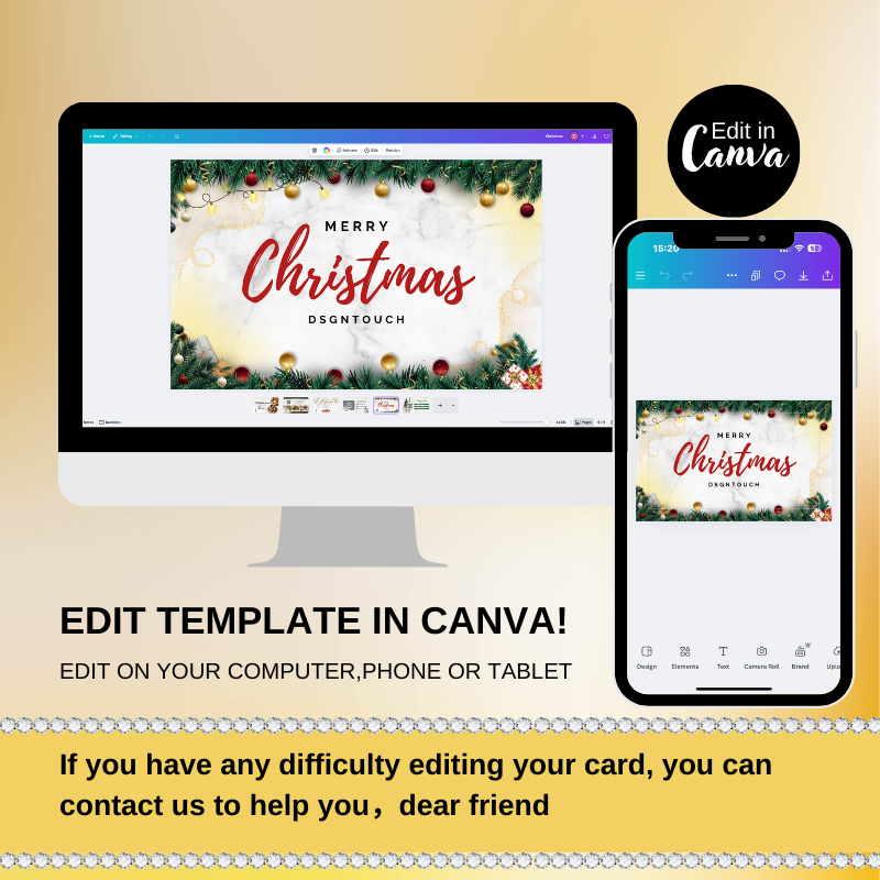 Instructions text showing that this sweet Christmas card template is easy to edit on Canva using any device, with an offer of support.