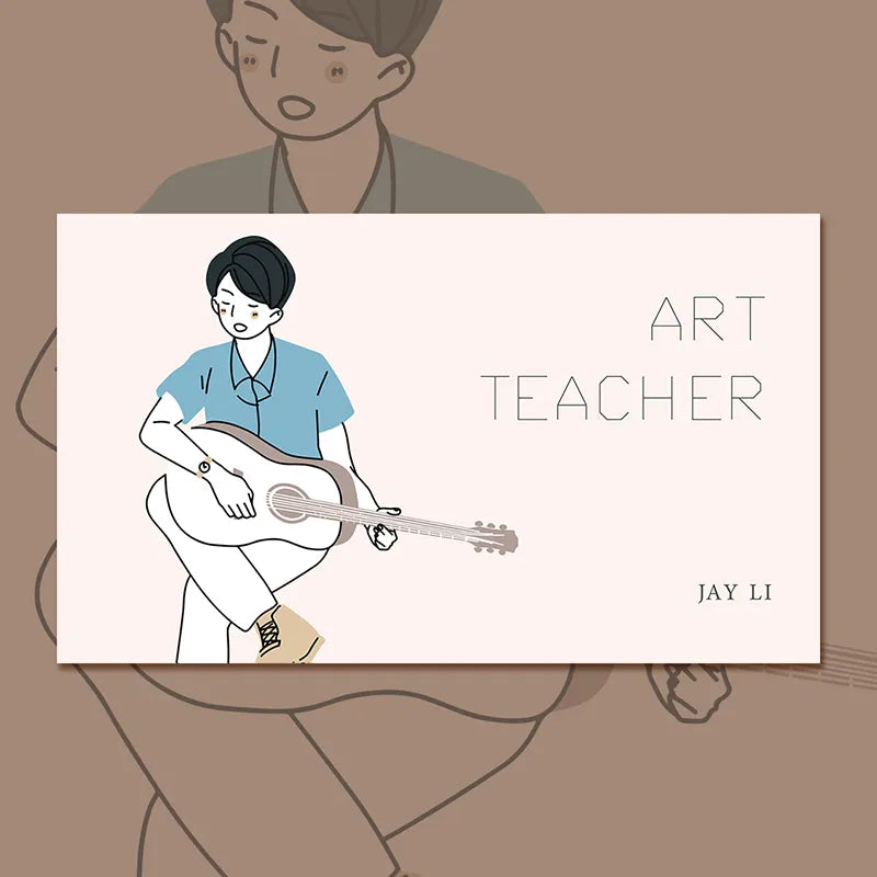 Illustration of a young art teacher playing guitar with the text 'ART TEACHER' and the name 'JAY LI' on a pastel background.