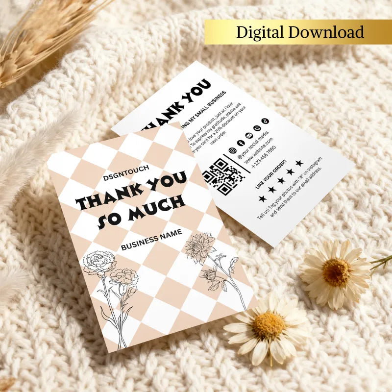 Thank You Card Design featuring geometric checkerboard pattern and floral elements by DSGNTOUCH
