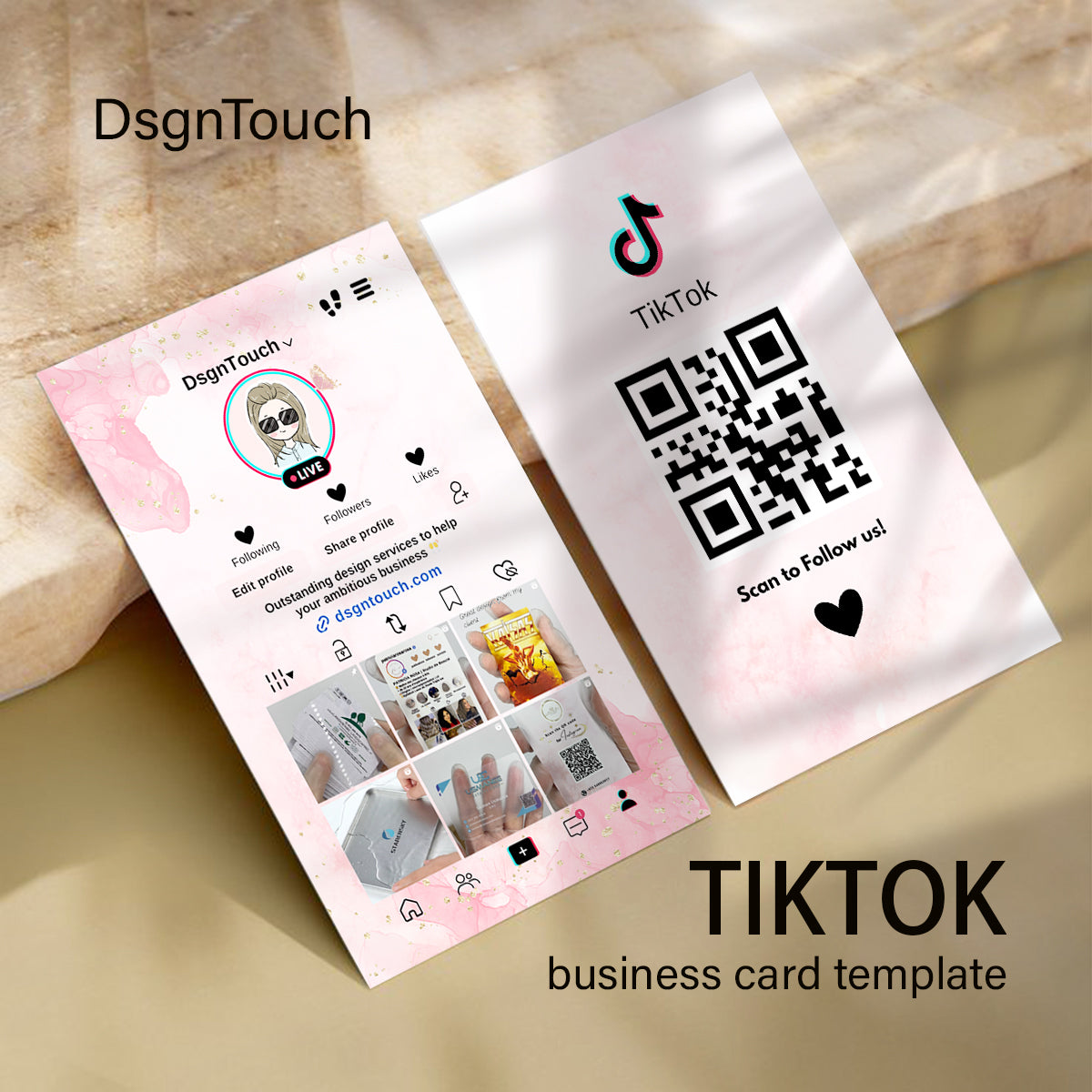 DsgnTouch Pink TikTok Marble QR Code Social Media Business Card For Tiktok Shop Trendy Influencer Cards Business Template canva