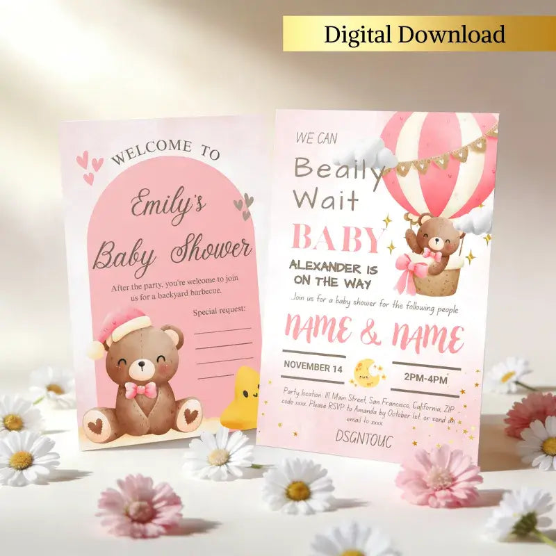 Two cute virtual baby shower invitations featuring a teddy bear design and pastel colors, editable Canva template by DSGNTOUCH.