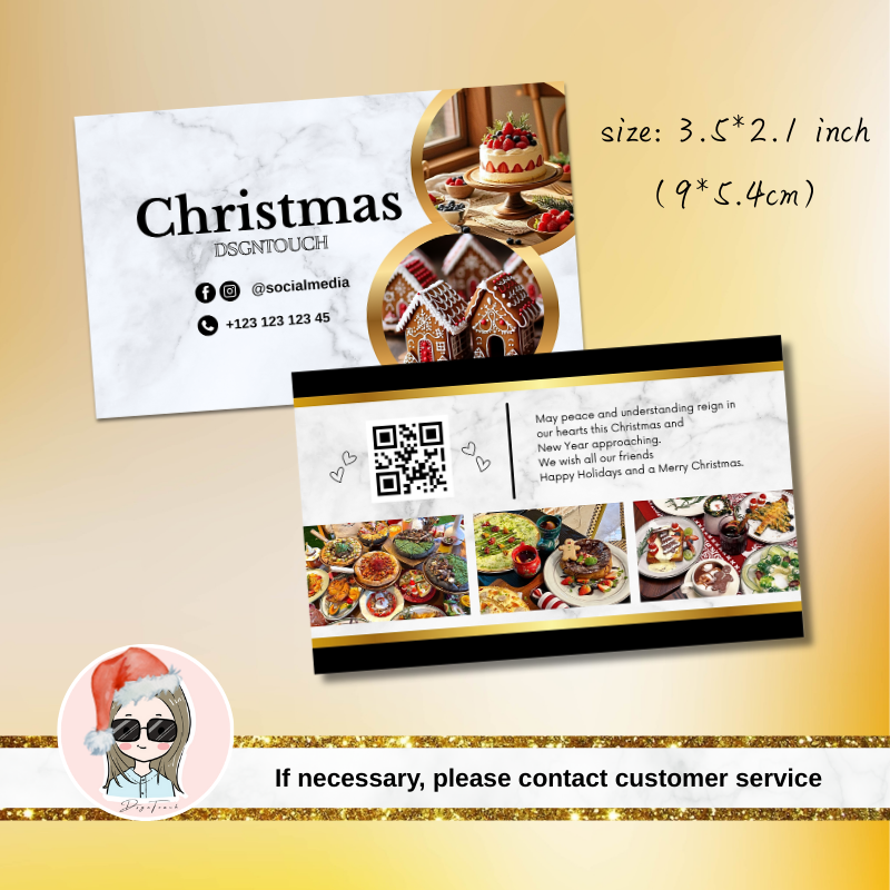 Close-up back view of the Christmas card showing contact details placeholder for a bakery, including phone, email, and website.