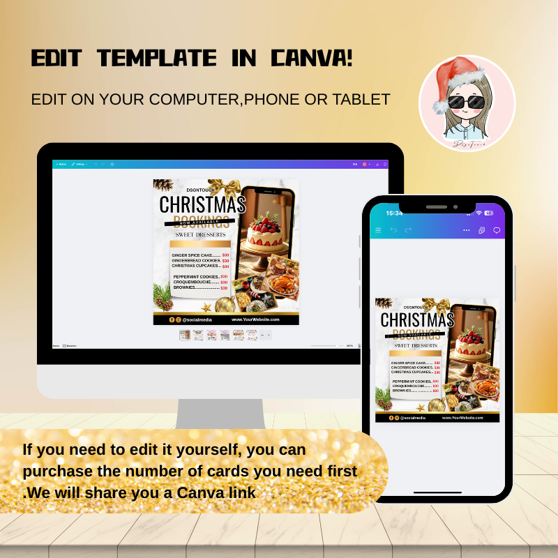 Reservation details section on square Christmas card, highlighting "Deposit Required" and booking availability for holiday orders.