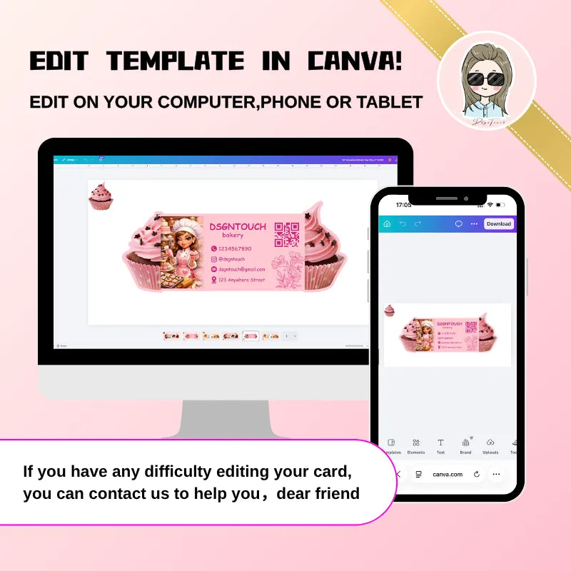 Pink cupcake bakery business card template displayed in Canva on a desktop computer and smartphone.