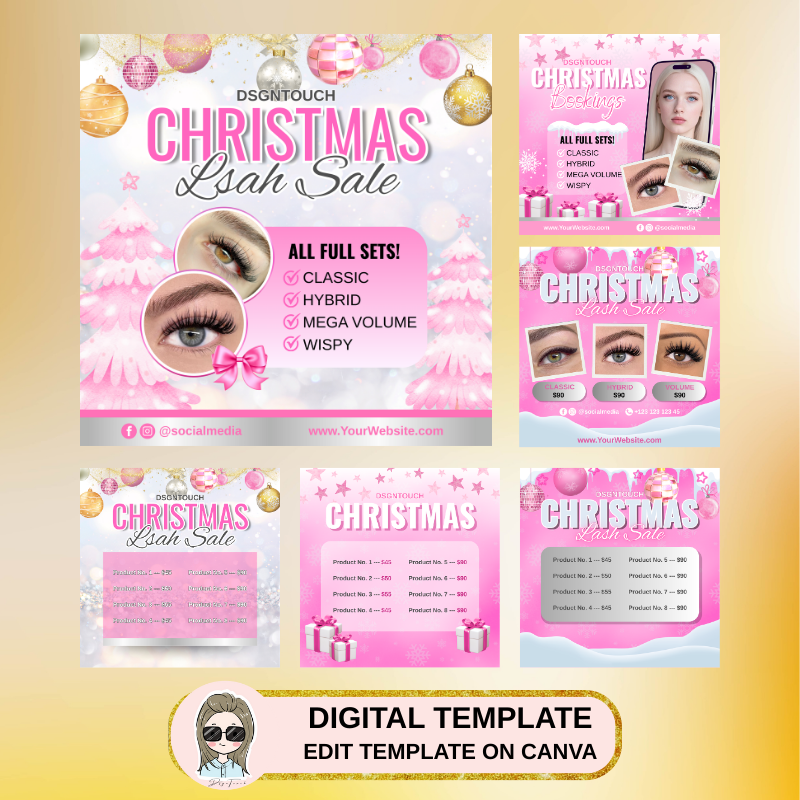 Blush pink and silver Christmas square business card template for lash studios - 9x9cm modern design - fully editable Canva template by DSGNTOUCH