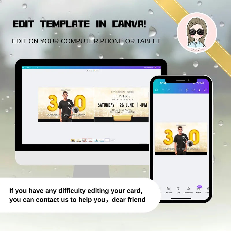30th birthday card digital template displayed on a computer and phone, easy to edit in Canva.