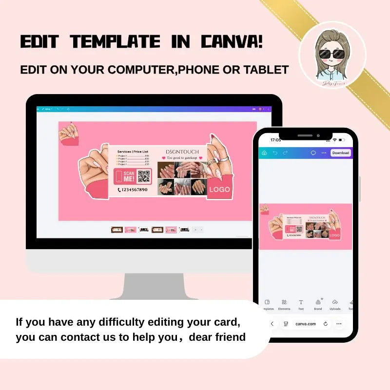 Nail business card template available for editing on computer, phone, or tablet using Canva.
