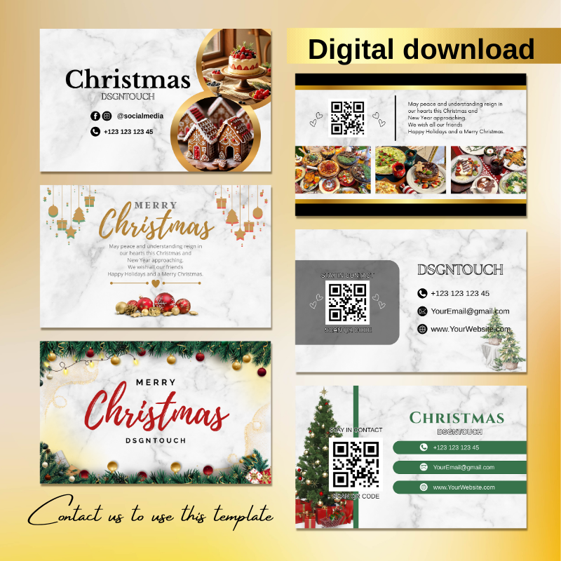 Front view of an editable Christmas bakery business card template for Canva, featuring a warm holiday message and contact details for a cake shop.