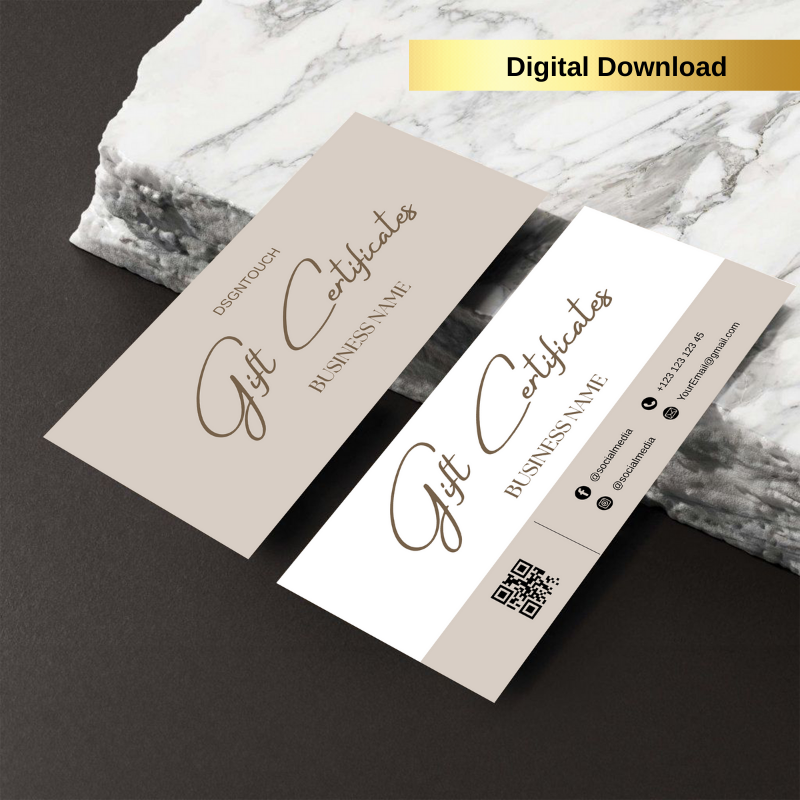Close-up detail of the soft beige gift certificate template, highlighting its luxurious and calm aesthetic.