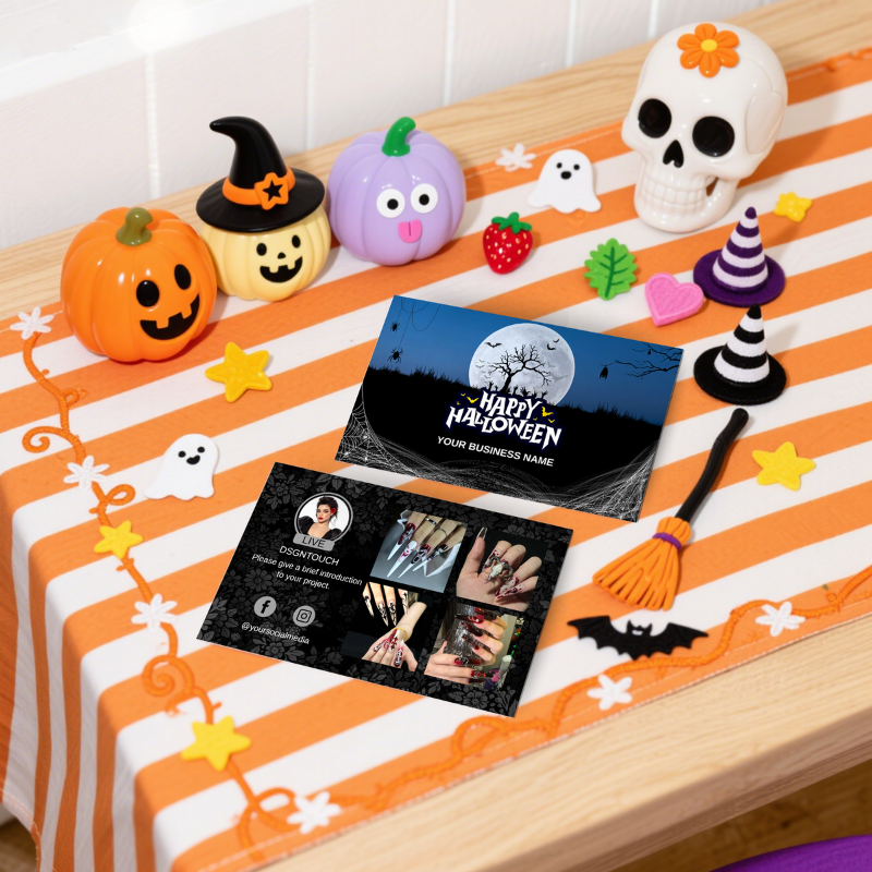 Back side of a custom Halloween nail card with an editable QR code area, perfect for linking to your Instagram portfolio or booking page.