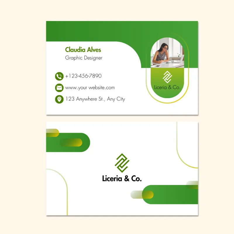 Modern business card template created for Licería & Co. graphic designers, featuring a professional headshot placeholder, brand logo, contact information, and a fresh green-and-white design aesthetic.