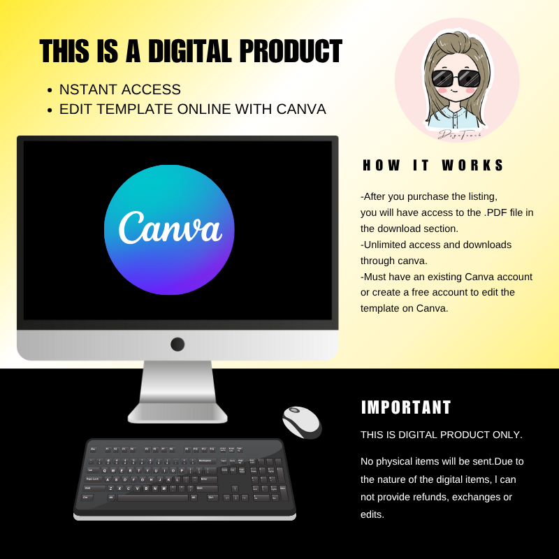 Digital product image showing Canva template editing with instant access and important notes.