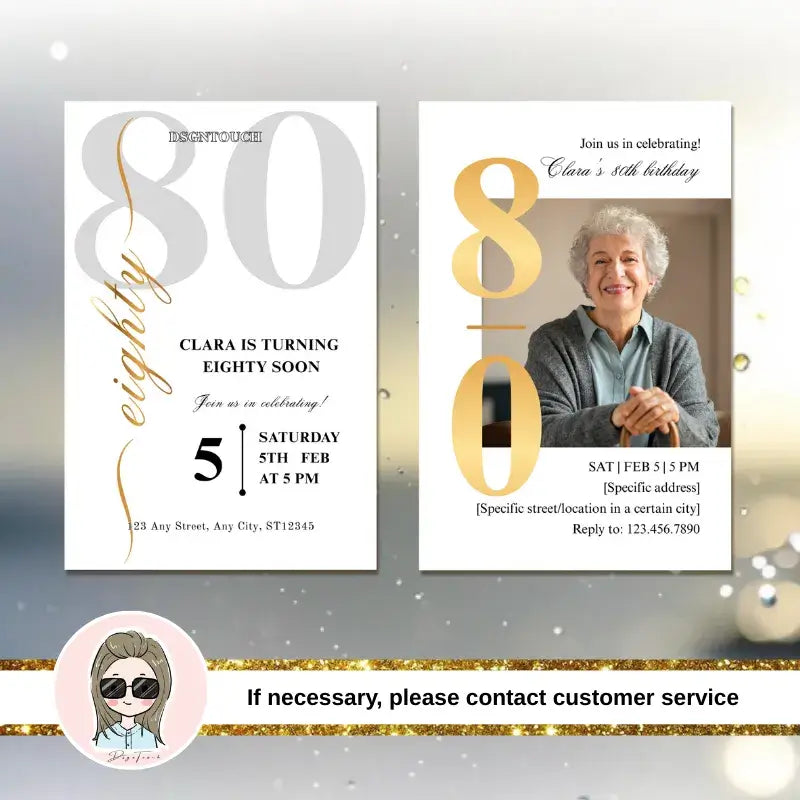 Custom 80th birthday card for elderly with event details and reply info.