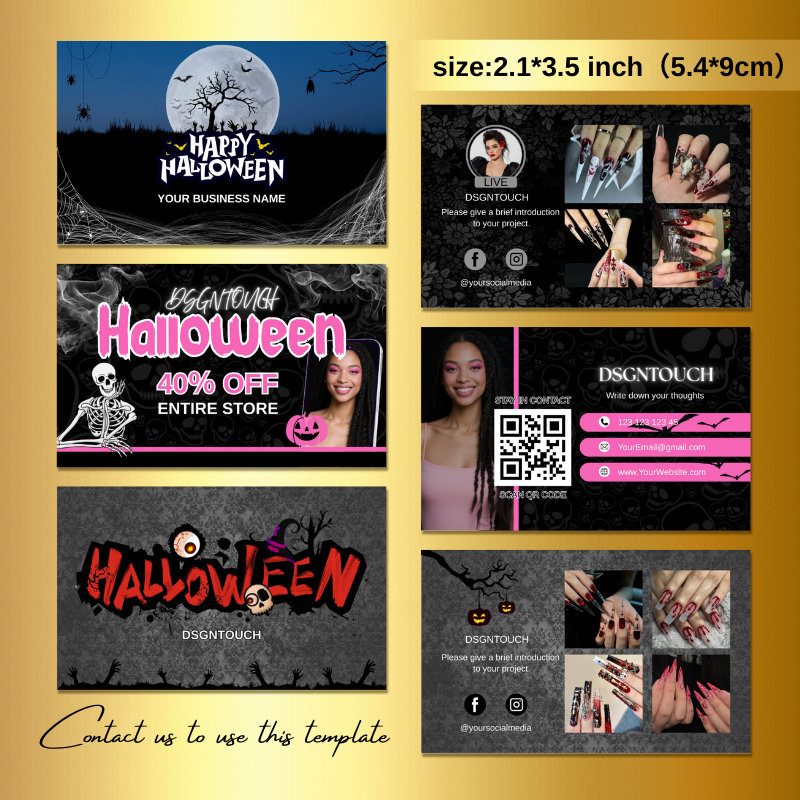 Custom Halloween business cards for nail salons and nail technicians on a dark background, showing the dual-sided glossy finish and spooky design.