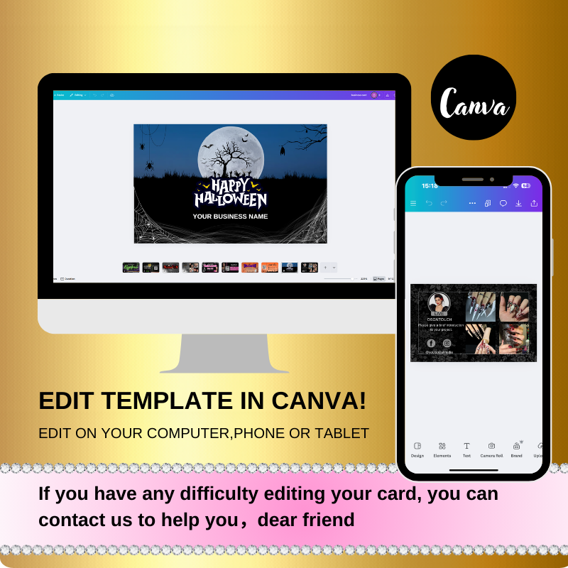 Close-up view of the editable QR code section on the Halloween business card template for nail technicians and beauty salons.