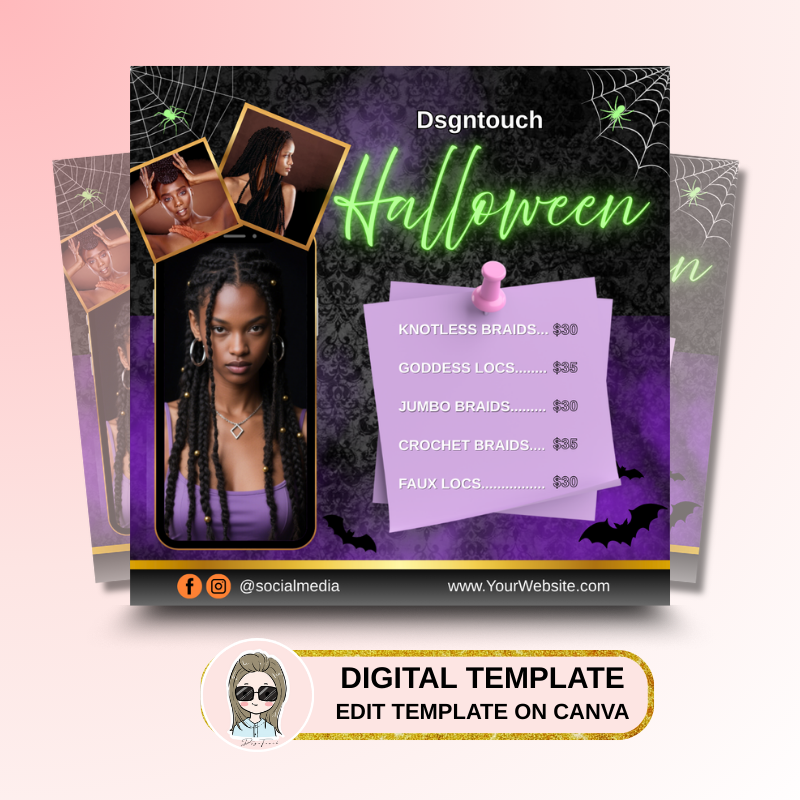Fully customizable Halloween square card template for hair stylists with free spooky elements included, editable in Canva.