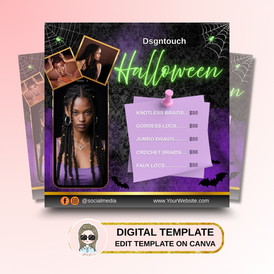 Fully customizable Halloween square card template for hair stylists with free spooky elements included, editable in Canva.