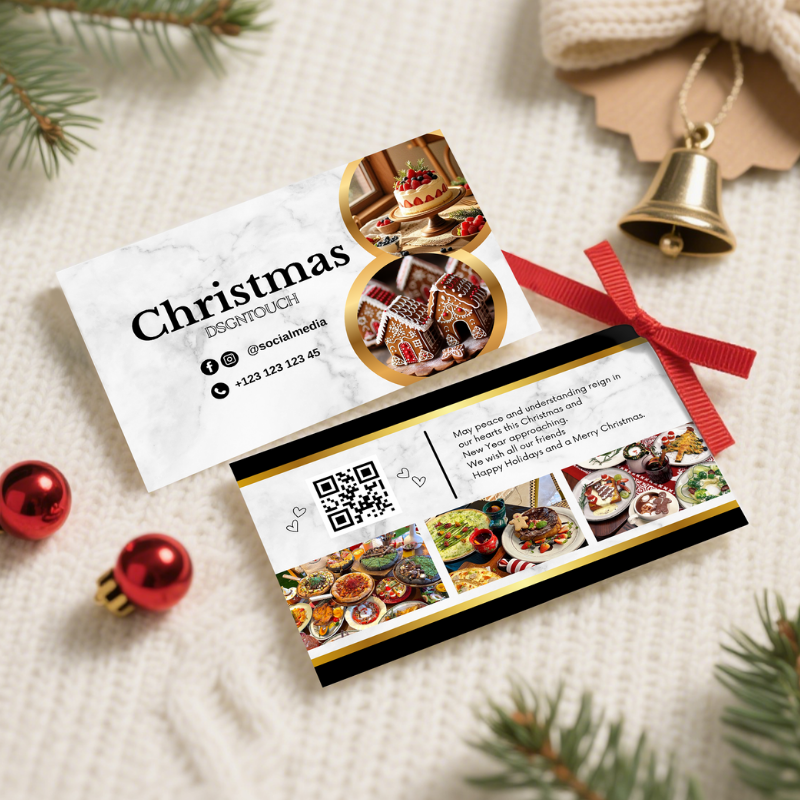 Macro shot capturing light reflecting off the smooth, high-gloss laminate coating on the DSGNTOUCH Christmas bakery card.