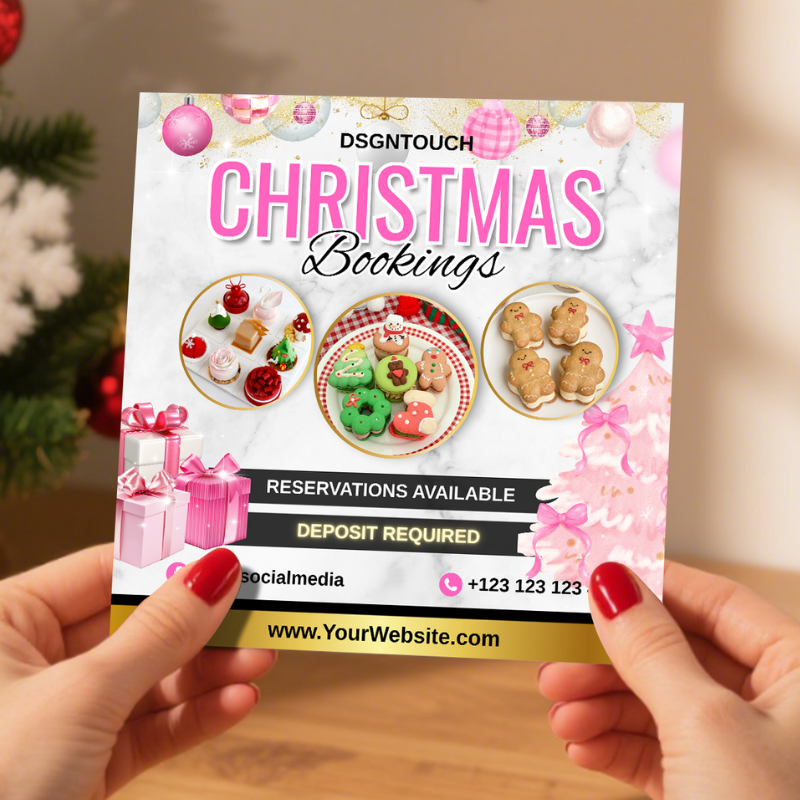 Light reflecting off the glossy surface of DSGNTOUCH's square bakery cards, showing vibrant Christmas colors and professional finish.