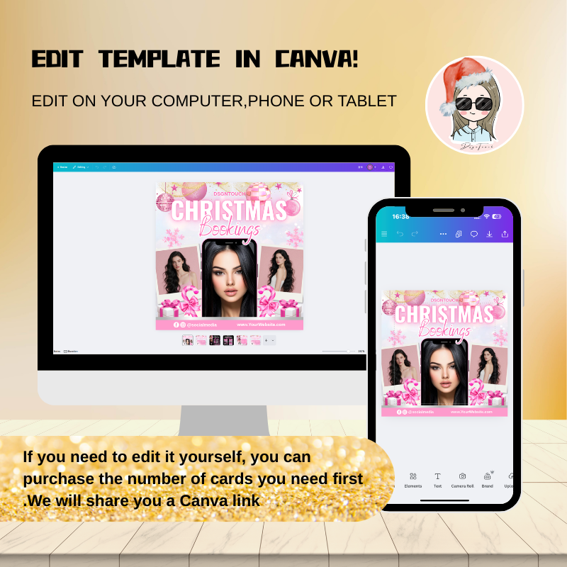 Light reflecting off the double-sided glossy lamination on DSGNTOUCH's 300gsm square Christmas salon cards, showing vibrant colors.