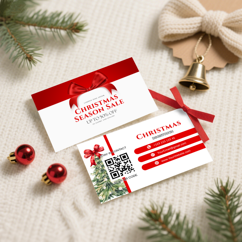 Double-sided glossy Christmas business cards showing front and back design details