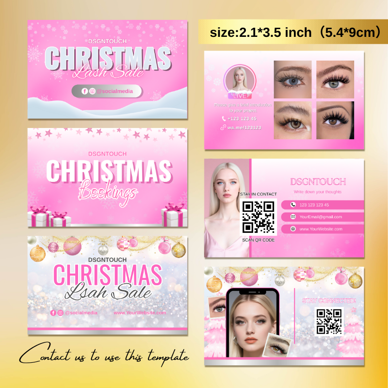 Front view of DSGNTOUCH's blush pink and silver Christmas business card for lash studios - features festive design and glossy 300gsm premium paper