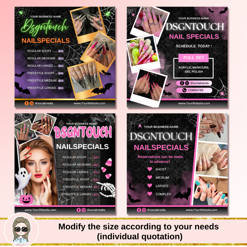 DSGNTOUCH custom Halloween flyer for nail salons on a dark background, showing the glossy lamination and spooky design