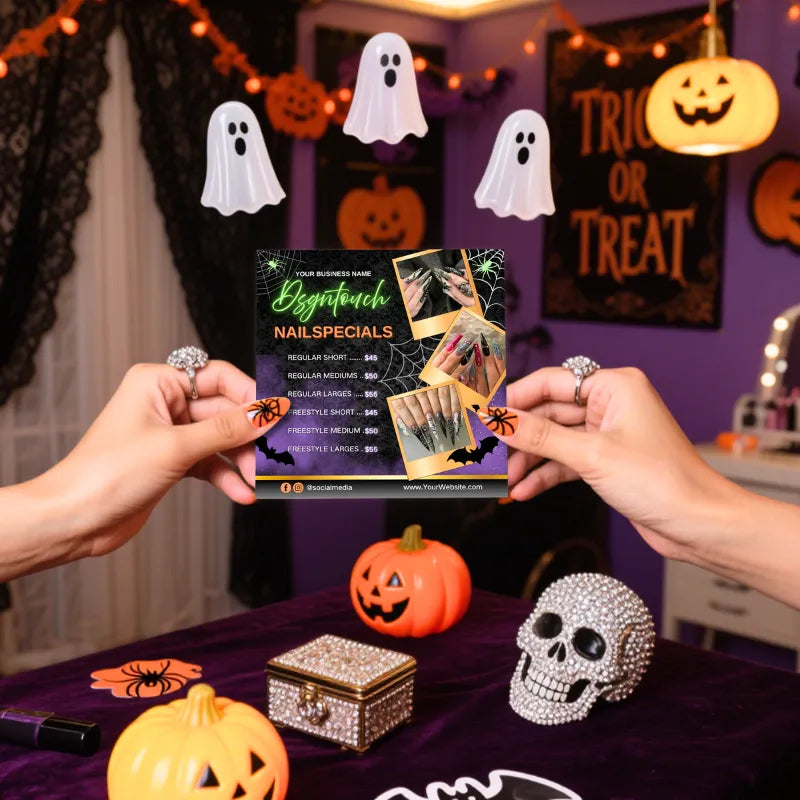 Halloween event flyer showcasing nail specials with spooky decorations and festive atmosphere in a nail salon.