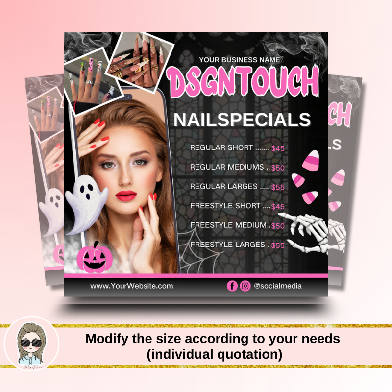 A person holding a DSGNTOUCH 10x10cm square Halloween flyer, demonstrating its perfect size for handouts